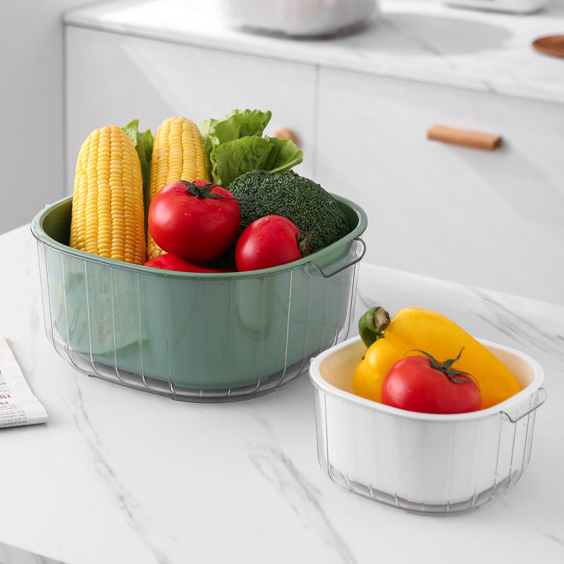 Internet Celebrity Double Layer Vegetable and Fruit Draining Basket Kitchen Fruit and Vegetable Washing Basket Binaural Handle Plastic Vegetable Washing Basin