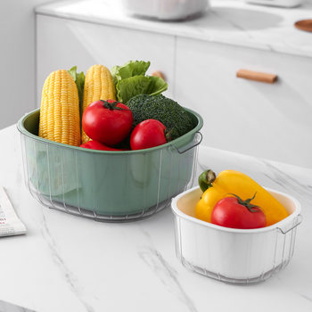 Internet Celebrity Double Layer Vegetable and Fruit Draining Basket Kitchen Fruit and Vegetable Washing Basket Binaural Handle Plastic Vegetable Washing Basin