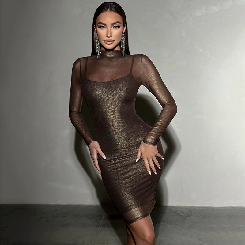 Womens Bodycon Dress Sheer Long Sleeves Gold Foil Detailing Slim Fit Elegant Evening Wear Wholesale Available