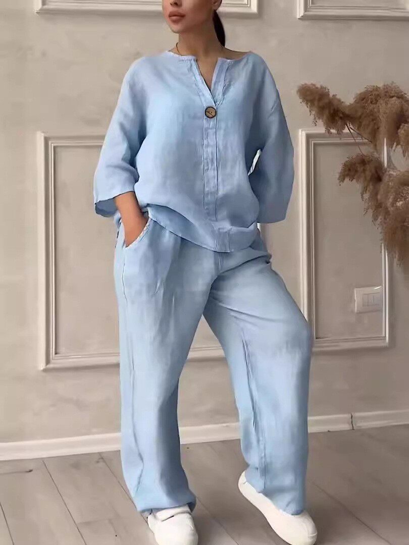 2026跨境外贸亚马逊时尚欧美女装舒适宽松上衣阔腿裤休闲棉麻套装