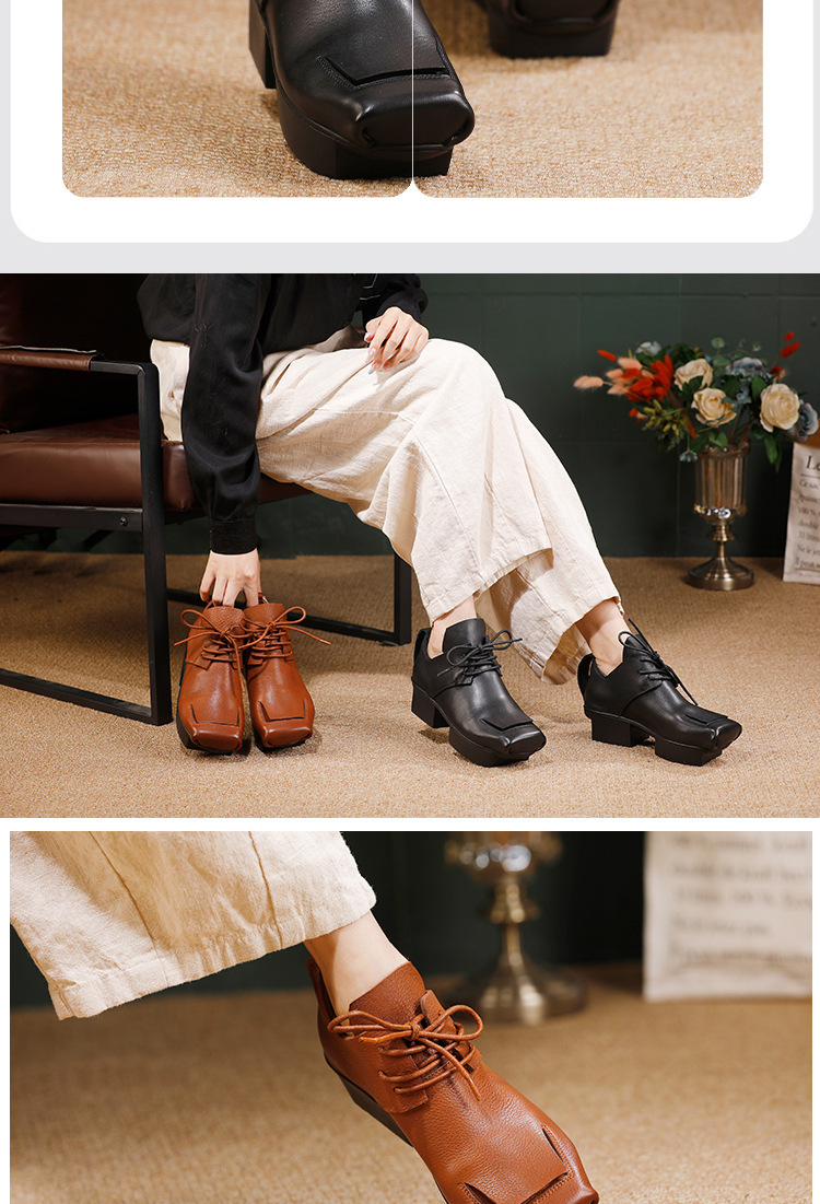 Boot cổ thấp nữ da bò thật buộc dây gót vừa đế xuồng — đen, màu nâu