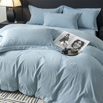 Light Luxury Embroidered High-End Brushed Bed Four-Piece Set Nantong Home Textiles Thickeneded Pure Color Embroidered Quilt Cover Bed Sheets Quilt Cover