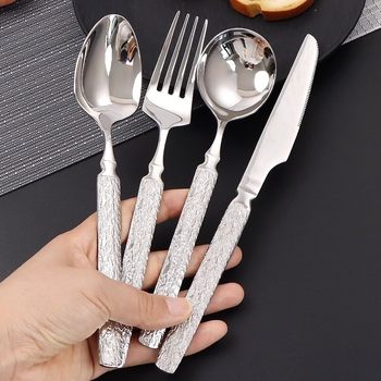 Thickened 304 Hammered Stainless Steel Knife, Fork and Spoon Set High-Looking Steak Knife, Fork and Spoon Household Tableware Set Wholesale