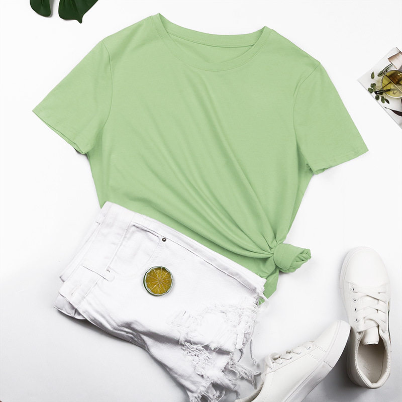 Womens Basic Round Neck Short Sleeve T Shirt 100 Cotton Solid Color Summer Style Wholesale Available