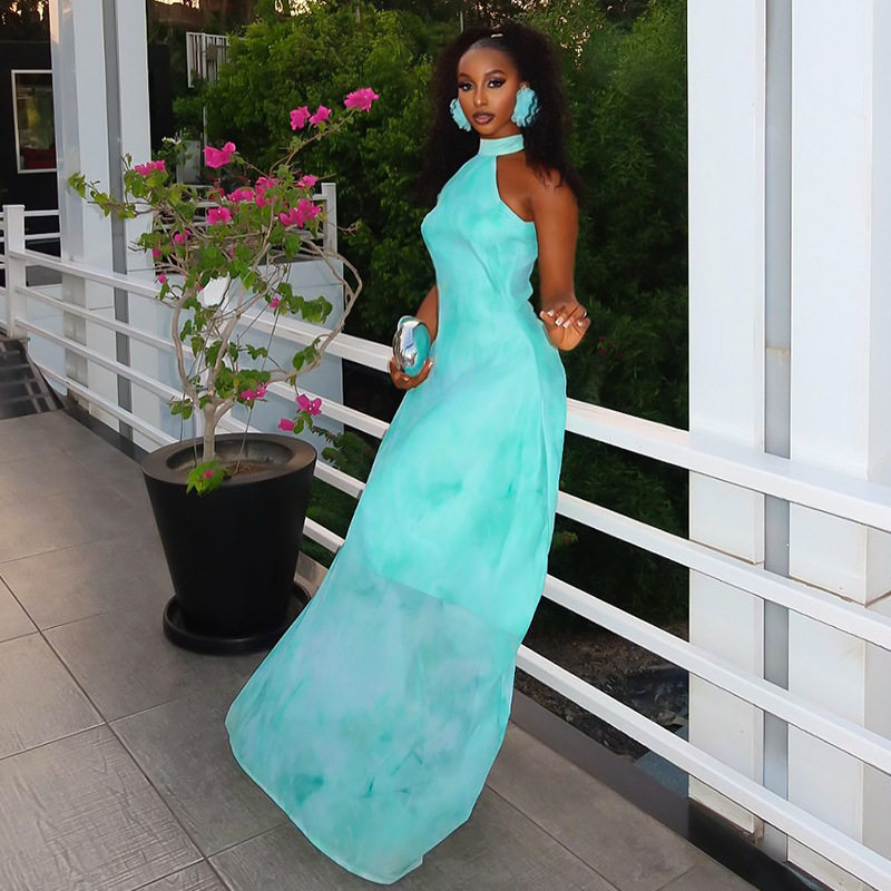 Casual A Line Dress Halter Neck Color Block Waist Defining Lightweight Fabric Beachwear or Summer Outing