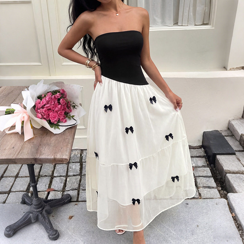 French Style Black and White Color Block Strapless Dress with Bow Detail Sweet and Chic Design for Parties Wholesale