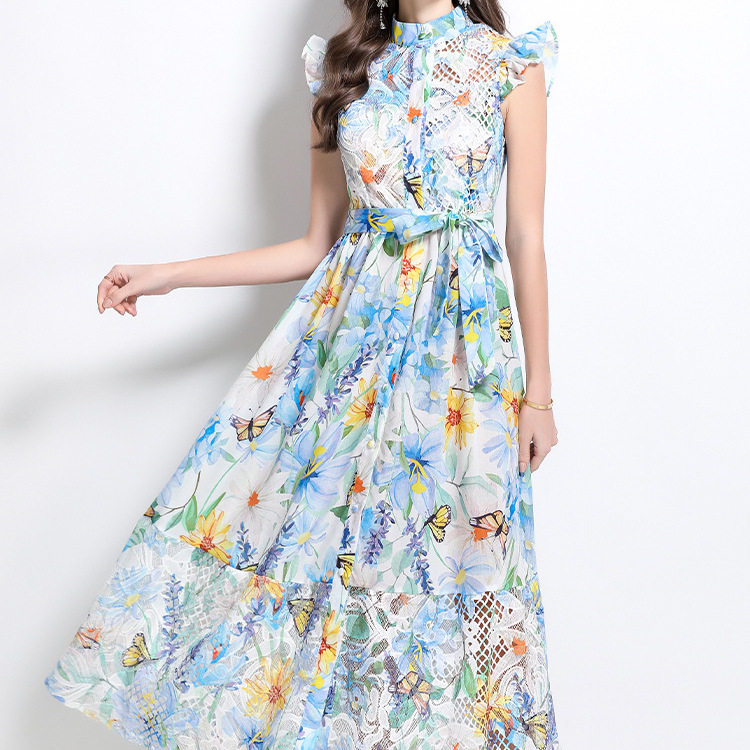 Elegant Floral Print Dress Hollow Lace Panel Flattering Waist Tie Short Flutter Sleeves Perfect for Parties and