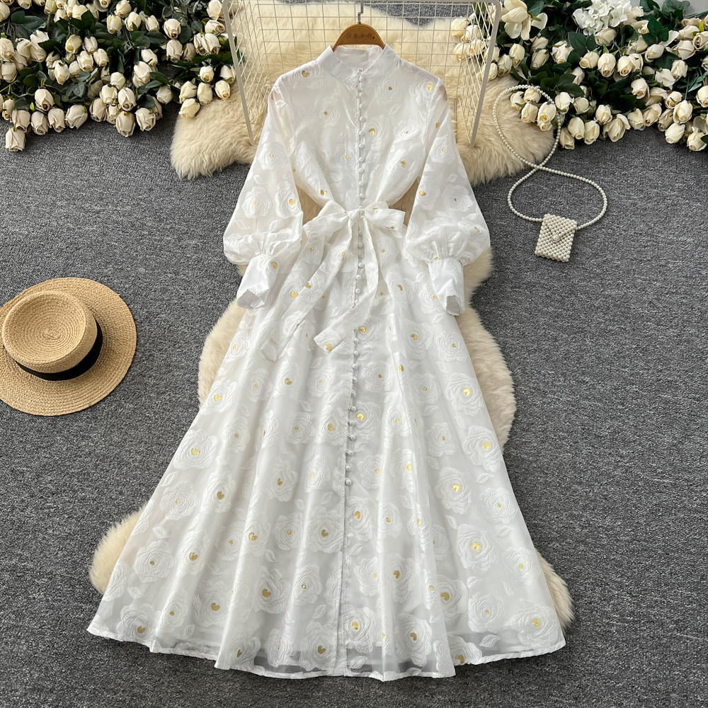 French Romantic Style Embroidered A Line Dress Lantern Sleeves High Collar Waist Defining Elegant Long Dress
