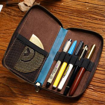 Original First-Layer Leather Zipper Pen Cosmetics Bag, Retro Cowhide Multi-Pack Large-Capacity Multi-Functional Stationery Box and Pencil Box
