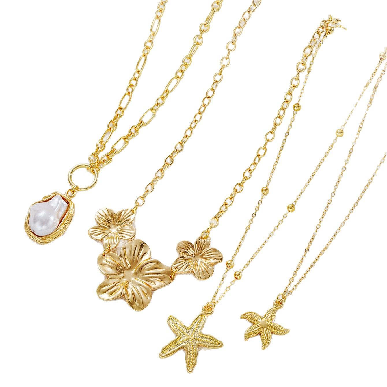 European and American Cross-Border Jewelry Ins Style Starfish Pearl Flower Necklace Set Conch Scallop Flat Snake Chain Necklace Set