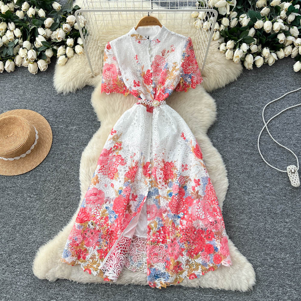 Vintage Lace Print Dress French Design Hollow Out High Waist A Line Silhouette Elegant for Parties or Special