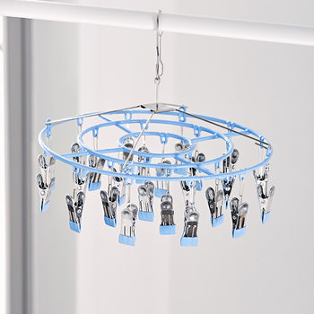 24-Clip Plastic-Coated Clothes Drying Rack with Multiple Clips, Round Multifunctional Clothespins, Stainless Steel Hooks, Sock Drying Rack, Sun Rack