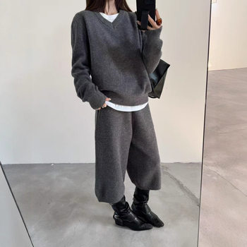 Korean Style Lazy Style Casual Knitted Suit for Women Autumn and Winter New Loose Slimming Look Age-Reducing Sweater Wide-Leg Pants Two-Piece Set