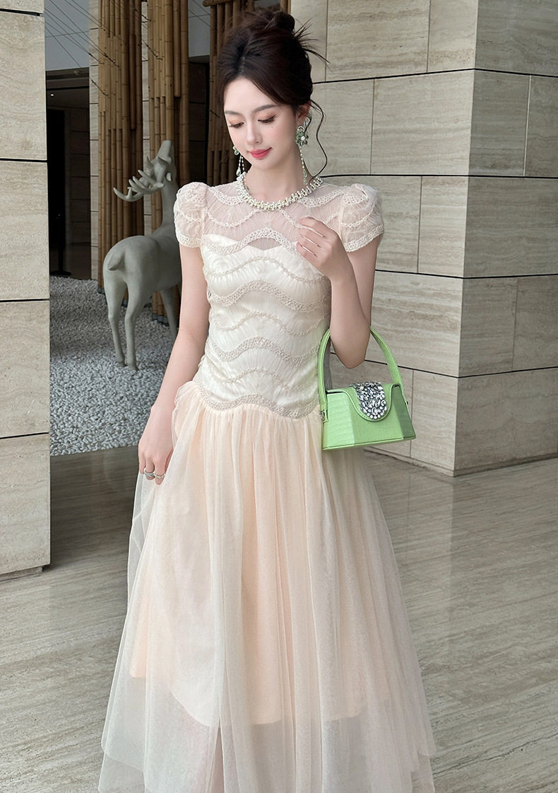 Đầm nữ ren lưới phối eo giả hai lớp xòe bồng tay ngắn — [Màu hồng đào] chi tiết 5