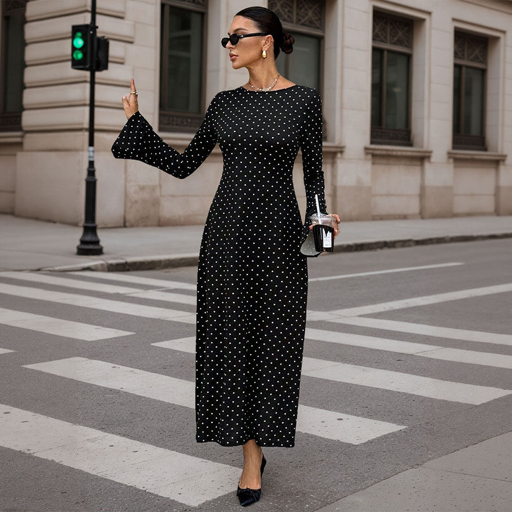 Black Polka Dot Maxi Dress for Women Long Sleeve Open Back Slim Fit Adjustable Tie Spring Summer Occasion