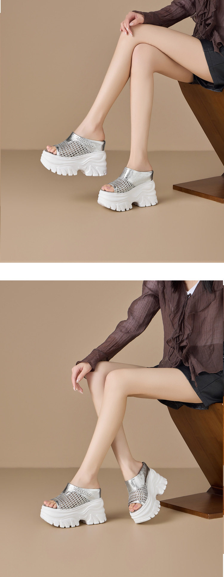 Dép sandal nữ quai ngang đế xuồng cao 13cm, tăng chiều cao, phong cách thời trang — [Trắng kem], [Bạc], [Vàng nhạt], [Đen] chi tiết 5