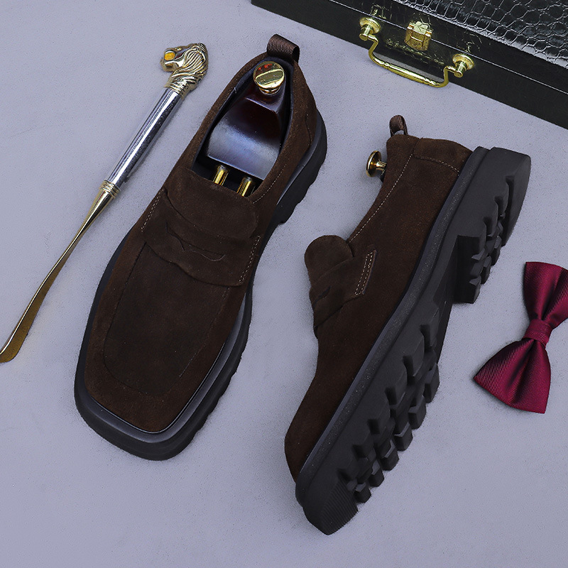 Giày loafer nam da bò lộn đế dày mũi vuông phong cách công sở — đen, màu nâu mocha