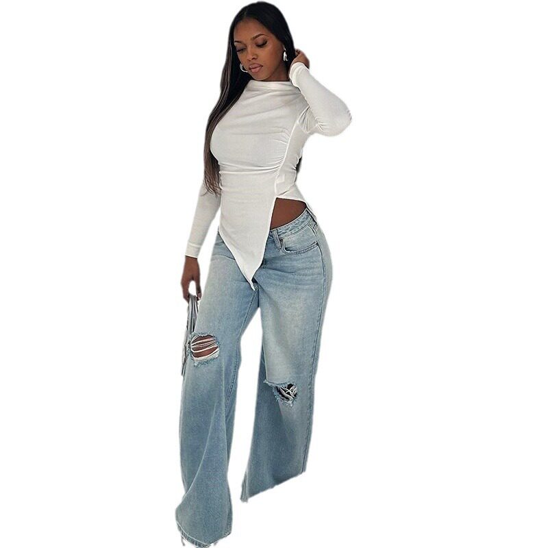 Womens Long Sleeve Fitted T Shirt Solid Color Ruffled Design Irregular Hem Street Style Casual Wear Wholesale