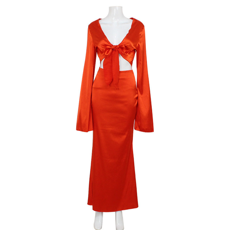 Fashionable Womens Long Sleeve V Neck Maxi Dress with Tie Detail Elegant Low Waist Design Perfect for Runway Events
