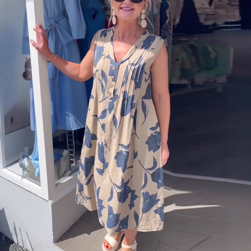 Summer Floral V Neck Button Sleeveless Dress Loose Fit Casual Style Perfect for Everyday Wear Wholesale Available