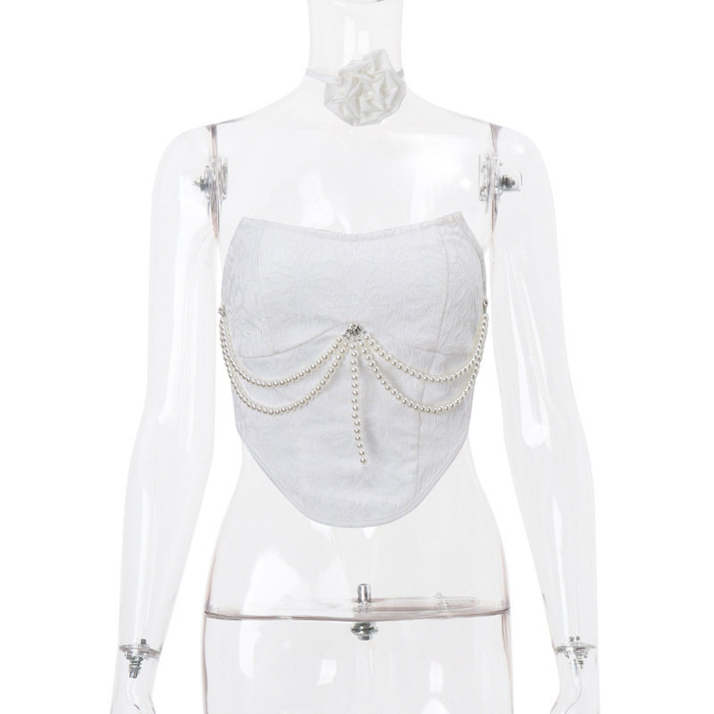 Summer Womens Pearl Chain Bustier Top and Fringe Mini Skirt Set European Style Chic Design Trendy Outfit Wholesale