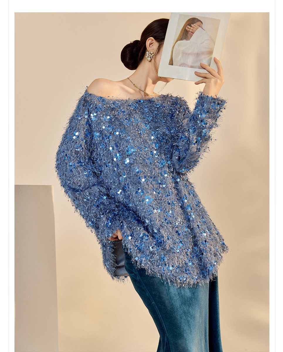 Set áo len dài tay cổ V đính sequin kèm chân váy nhung dài vừa — Váy màu lục lam (giao hàng trong 7 ngày), Váy màu lục lam (phát hành cùng ngày), Áo sequin (giao hàng trong 7 ngày), Áo sequin (giao hàng trong ngày)
