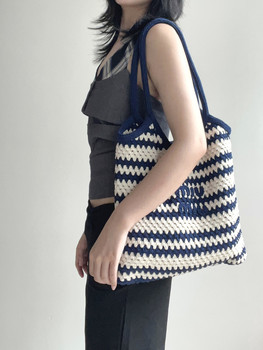 ♔ Curry Handmade - Miu Series Blue and White Ivy Single-Shoulder Tote Bag Handmade DIY Yarn Knitting Material Kit Crochet