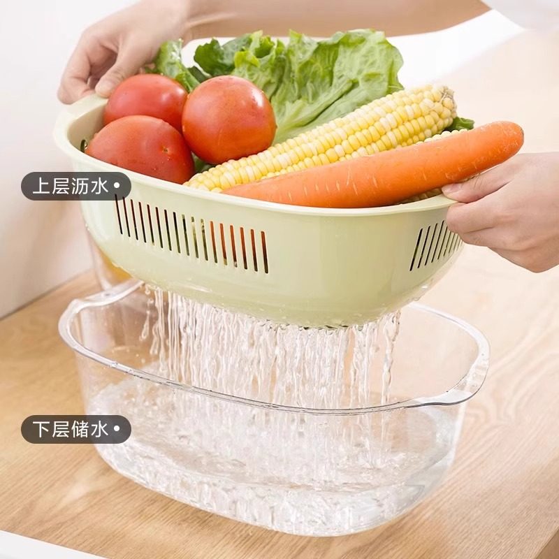 Double-Layer Hollow Fruit Basin, Fruit Washing and Draining Basket, Household Fruit Basket, Creative Plastic Vegetable Washing Basket, Kitchen Vegetable Washing Basin