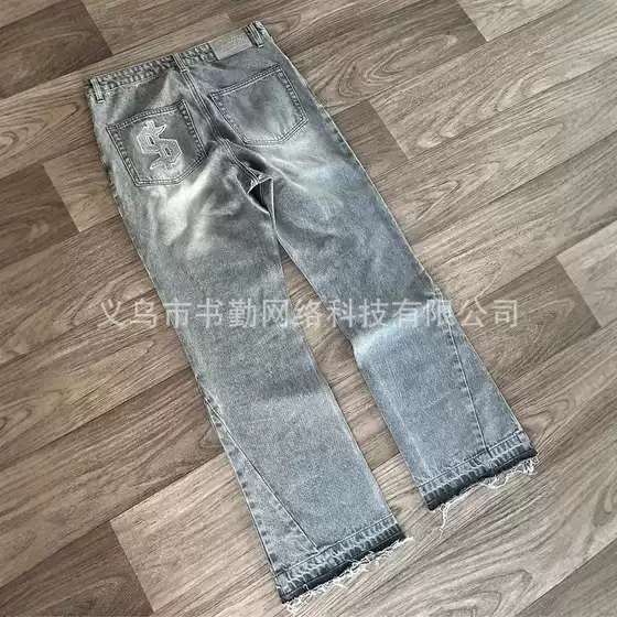 Y2K European and American Cross-Border Retro Brushed Pattern Washed Jeans Trendy High Street Old Money Style Niche Design Pants