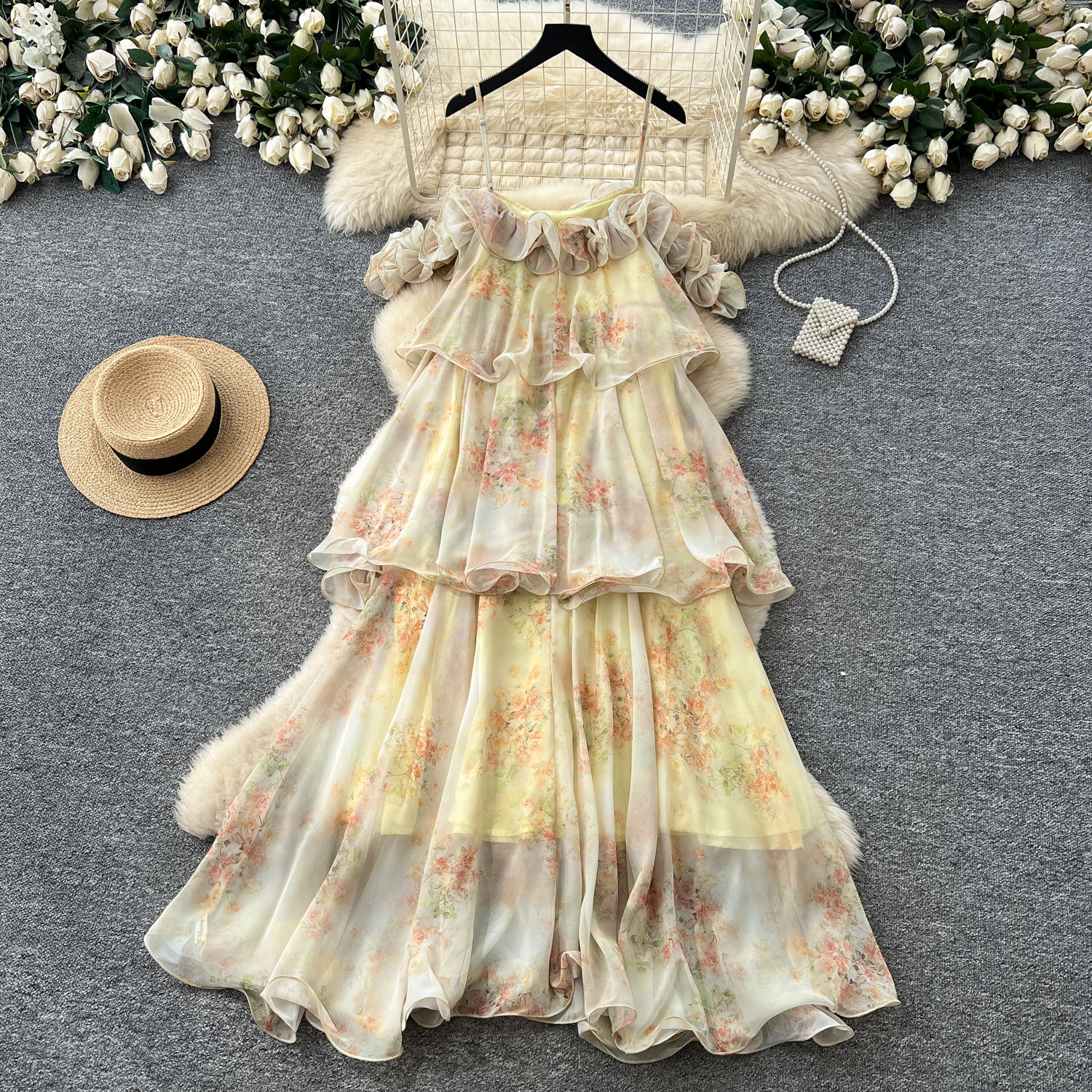 French Vacation Style Floral Maxi Dress for Women Ruffle Hem Elegant Design Summer Fashion Wholesale Available