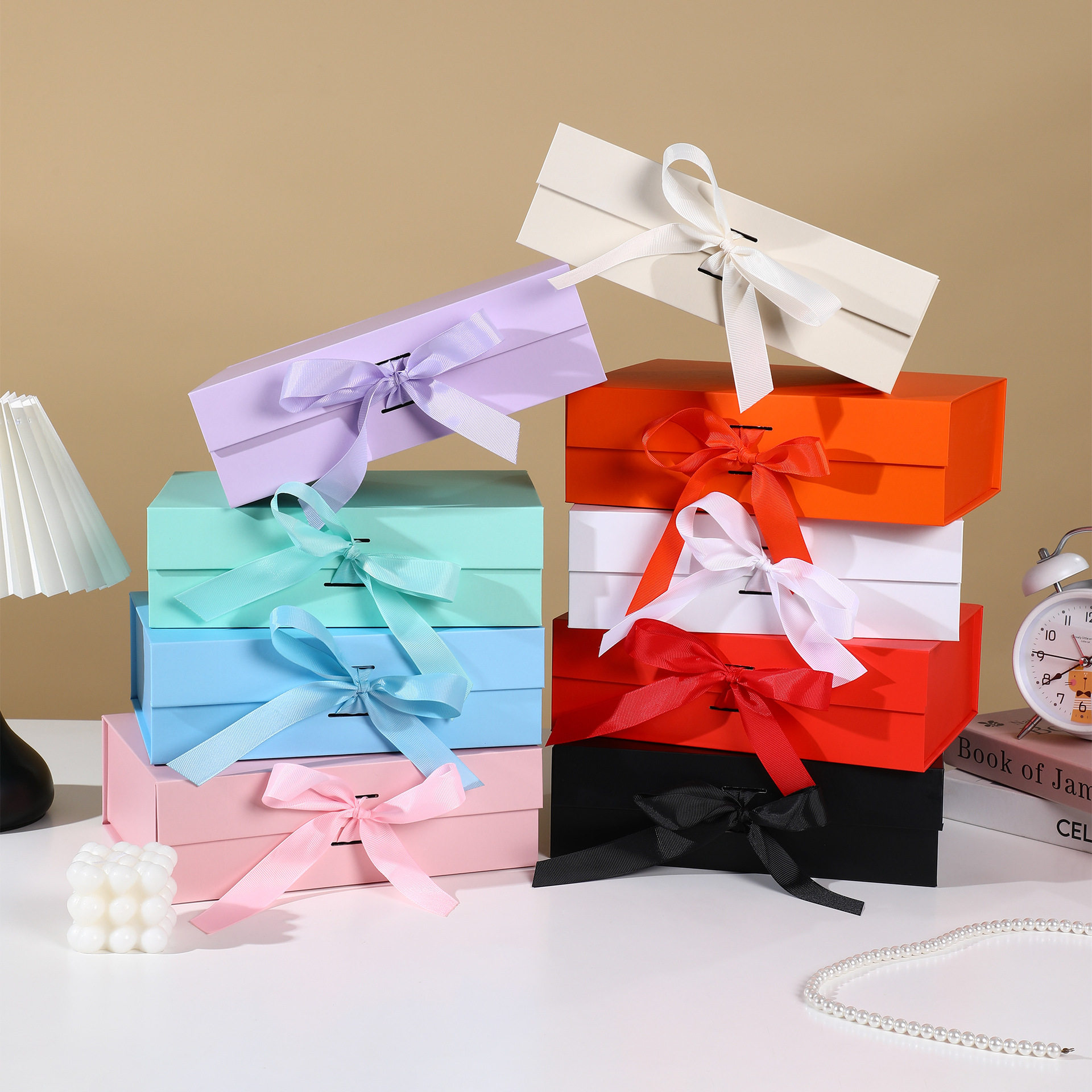 New Year Ribbon Folding Box Solid Color Cross-Border Flip-Top Box Exquisite Cosmetic Gift Box One-Piece Empty Box Manufacturer in Stock