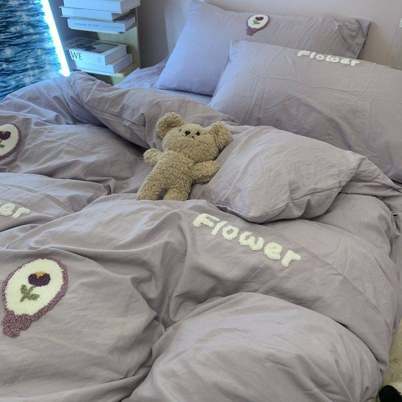 Ins Korean Embroidered Purple Tulip Quilt Cover Bedding Four-Piece Set Washed Cotton Dormitory Bed Bed Sheets Three-Piece Set