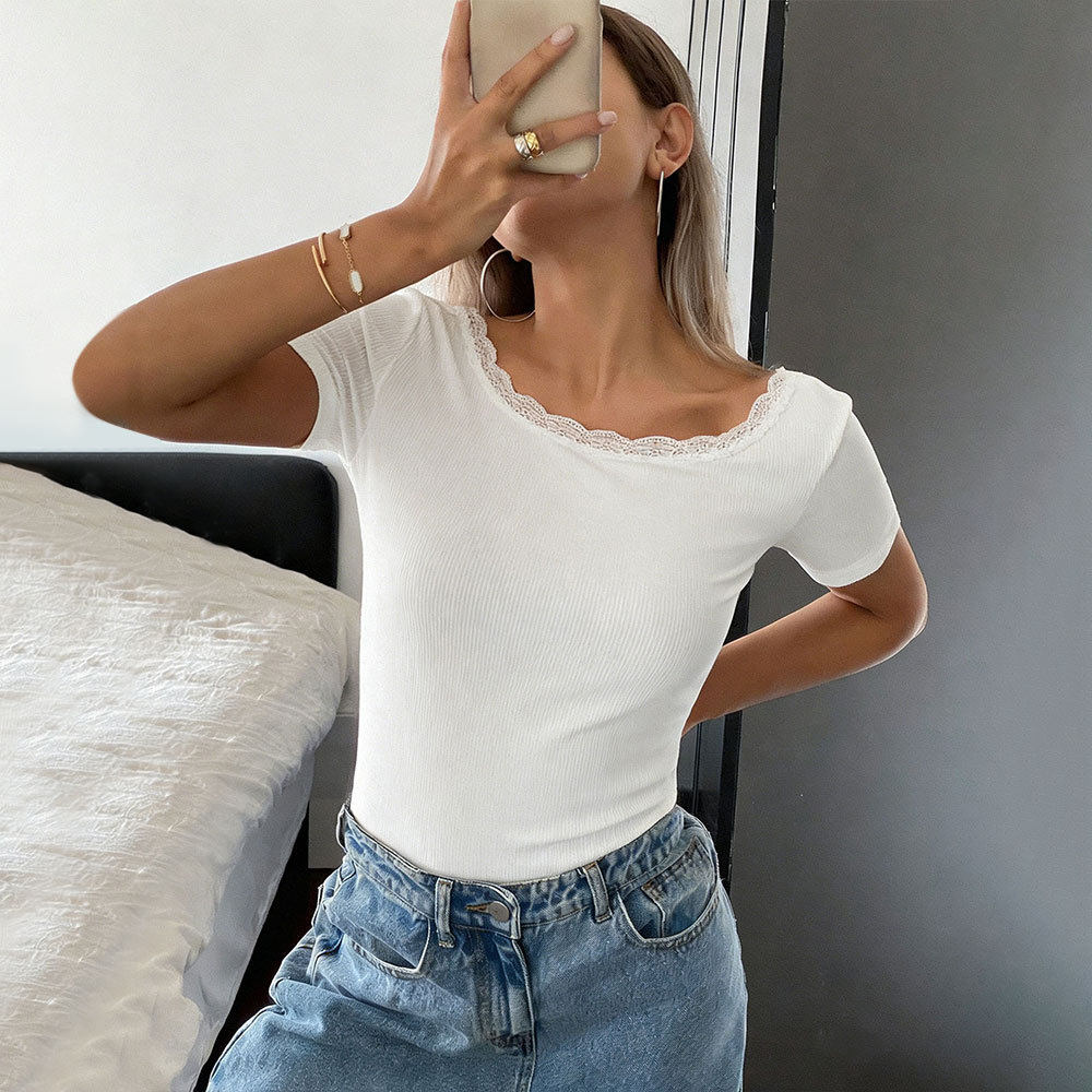 White Lace Backless Short Sleeve T Shirt Slim Fit Short Length Summer Style Womens Casual Top Wholesale Available