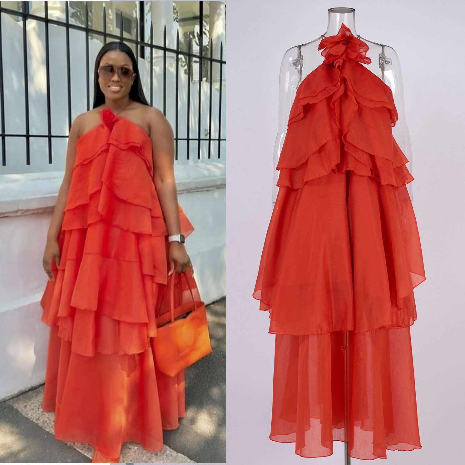 Backless Ruffle Hem Maxi Dress Elegant Floral Embellishments Vacation Style Wholesale Available