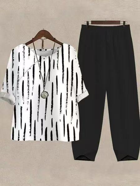 Womens Summer Two Piece Set Printed Round Neck Loose Fit Short Sleeve Top Wide Leg Pants Casual Wear Wholesale