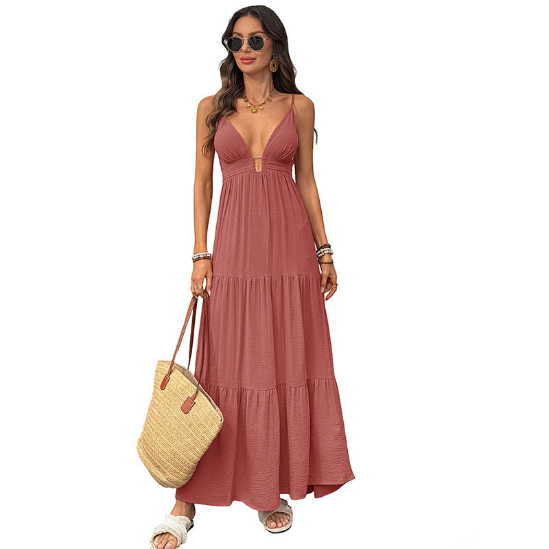 Sleeveless Deep V Neck Cake Dress Solid Color Sexy Style Perfect for Vacations Wholesale Available