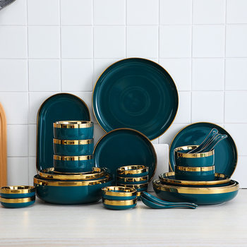 Peacock Green Gold-rimmed Ceramic Tableware Cross-border Dish Set Household Dishes Plates Dinner Plates Soup Bowls Spoon Wholesale