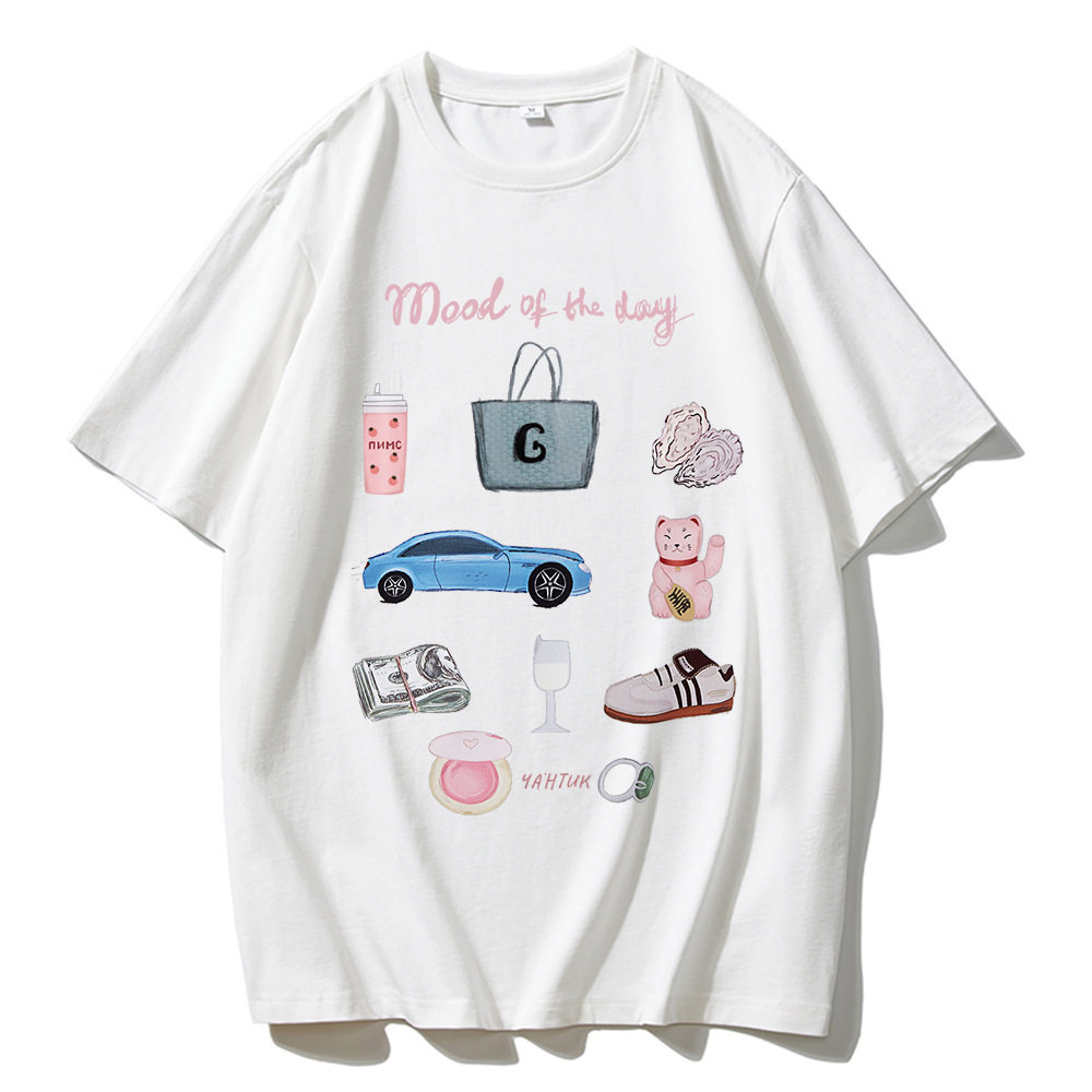 Womens Summer Loose Fit Cotton T Shirt Hand Painted Floral Print Casual Round Neck Short Sleeve Wholesale Available