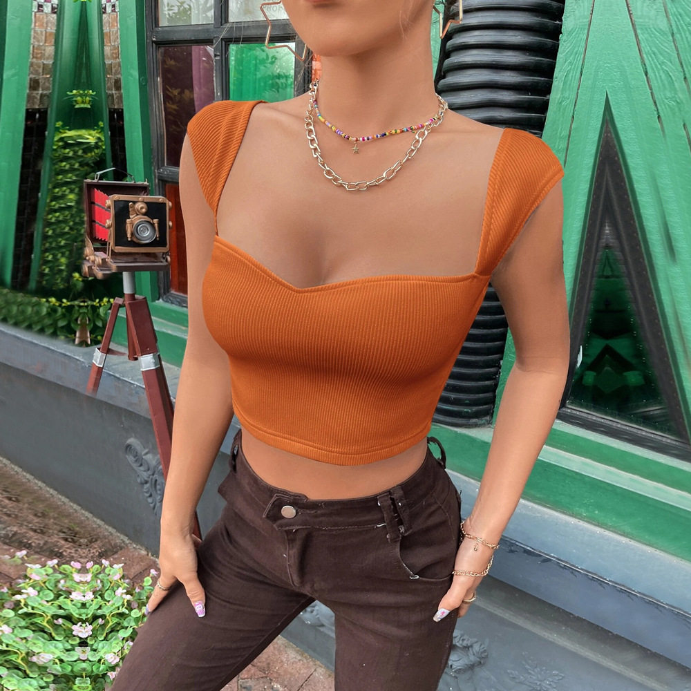 Slim Fit Square Neck Sleeveless T Shirt Trendy Design Short Length Soft Fabric Casual Wear for Women Wholesale
