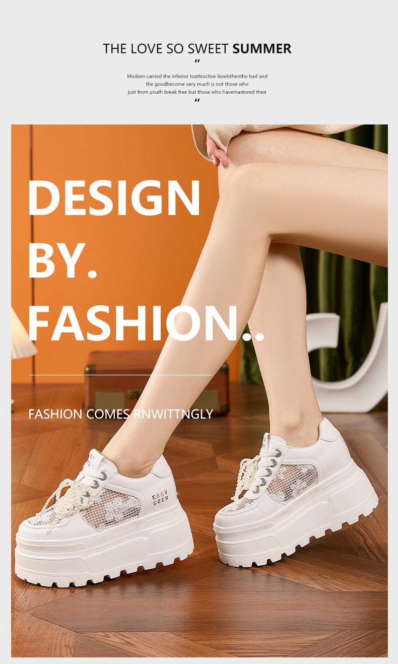 Giày sneaker nữ chunky đế dày trắng phối lưới thoáng khí — Trắng, Đen chi tiết 12