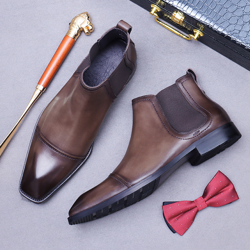 Giày boot nam da bò thật cổ thấp kiểu Chelsea đế cao su — Màu đen, Màu cà phê