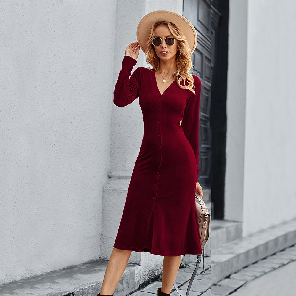 V Neck Midi Dress Elegant Style Burgundy Color Soft Korean Velvet Fabric Spring Summer Occasion Wholesale Available