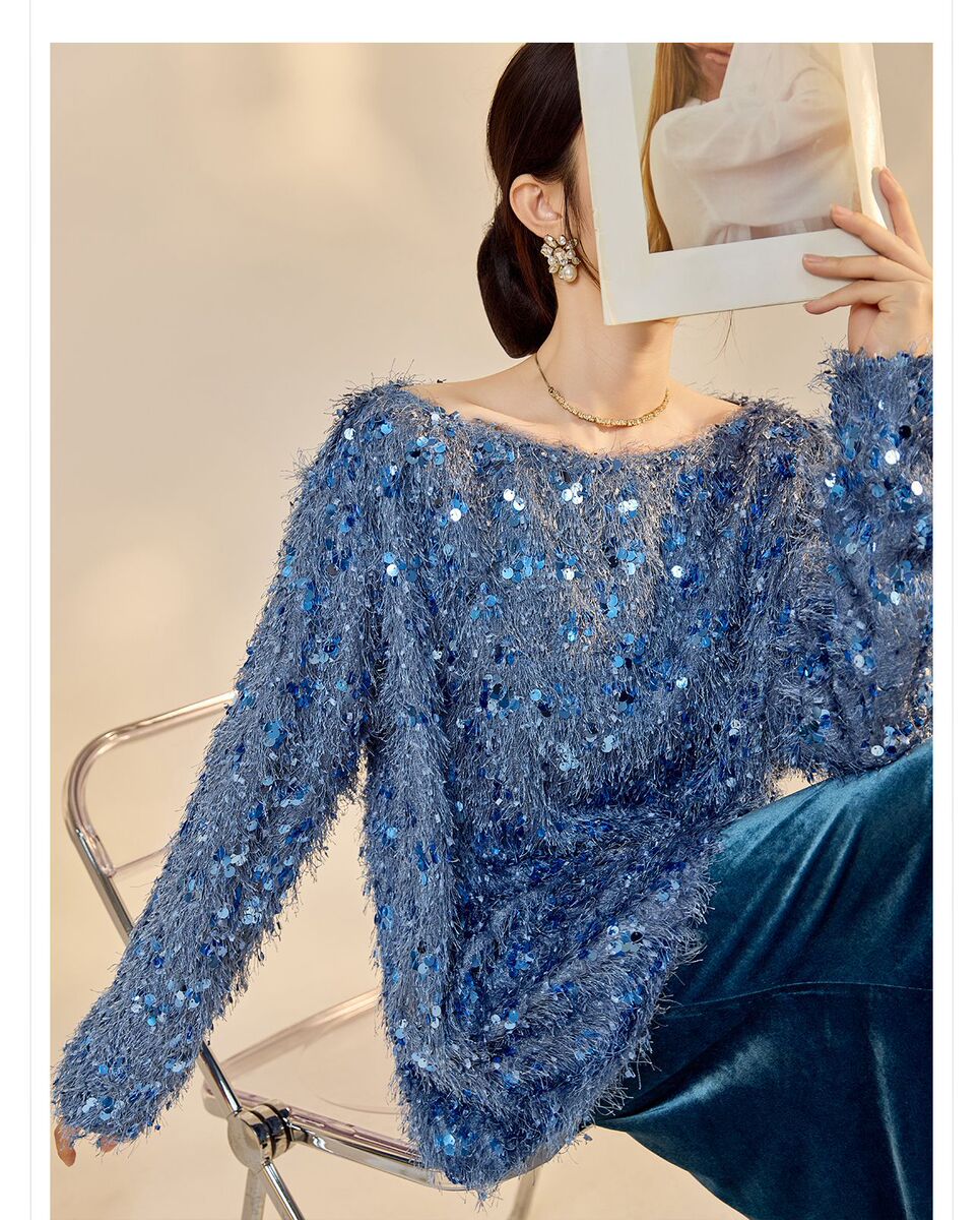 Set áo len dài tay cổ V đính sequin kèm chân váy nhung dài vừa — Váy màu lục lam (giao hàng trong 7 ngày), Váy màu lục lam (phát hành cùng ngày), Áo sequin (giao hàng trong 7 ngày), Áo sequin (giao hàng trong ngày)