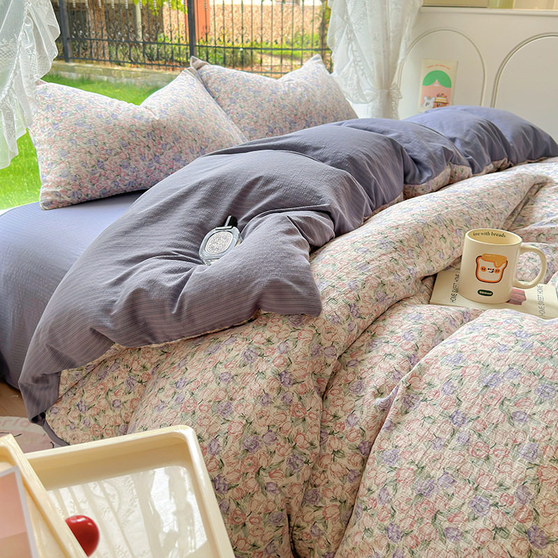 Class A Mother and Infant Grade Washed Cotton Bed Four-piece Set ins Fresh Bed Sheet Quilt Cover Bed Hat Student Dormitory Three-piece Set