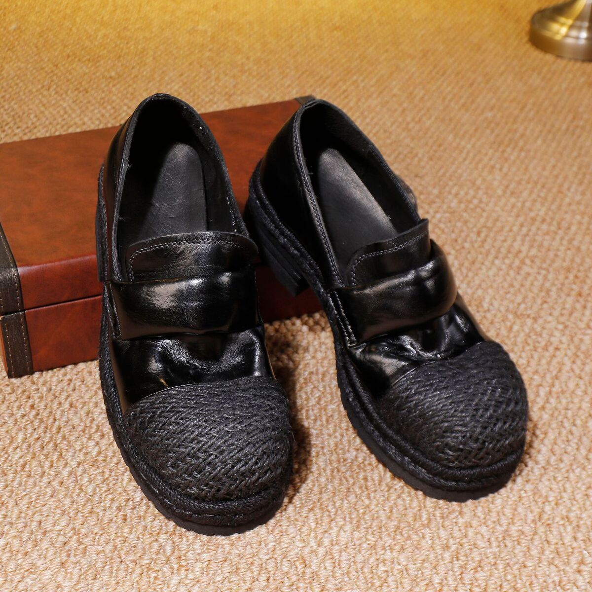 Giày lười nữ da ngựa thật cao cấp gót vừa 3-6cm, đế cao su tự nhiên, dáng mũi tròn — đen, nâu