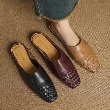 European Low-Heeled Toe-Cap Half Slippers for Women, Summer Mule Shoes, Square-Toe Outer Wear, Slip-On Slip-Ons, Women's Sandals