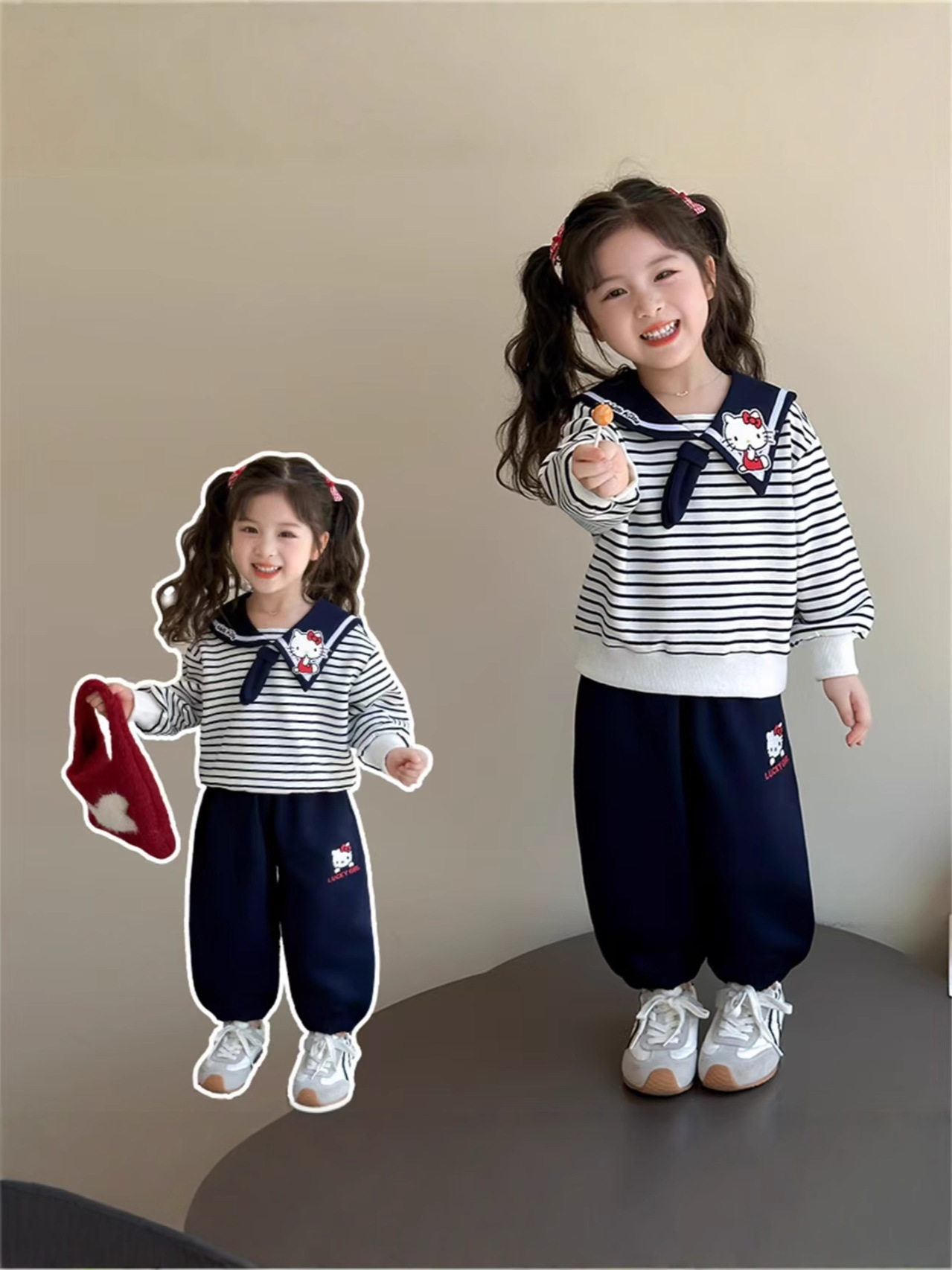 Girls' Autumn Hoodie Set, Kids' Cute Sailor Collar Casual Top, Baby Cartoon Striped Tie Hoodie