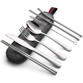 Amazon titanium-plated stainless steel portable tableware creative 304 stainless steel straw knife, fork, spoon and chopsticks combination suit