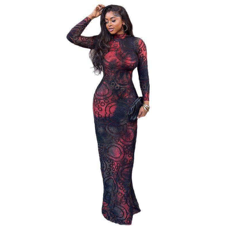 Color Block Printed Bodycon Dress for Women Long Sleeve Slim Fit Elegant Style Perfect for Parties and Events