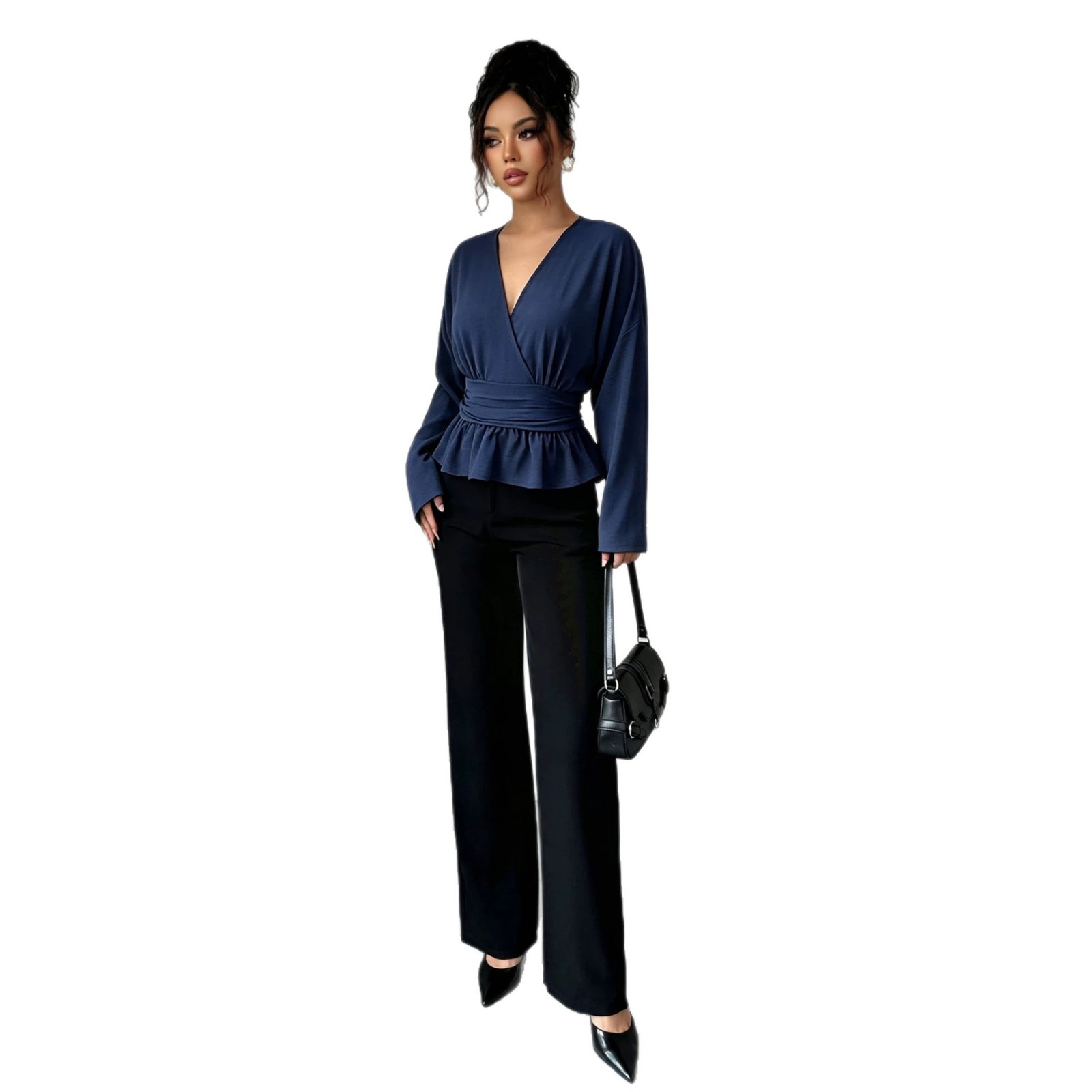 Womens V Neck Peplum Top Slim Fit Long Sleeve Ruffle Hem Fall Winter Fashion Wholesale Available